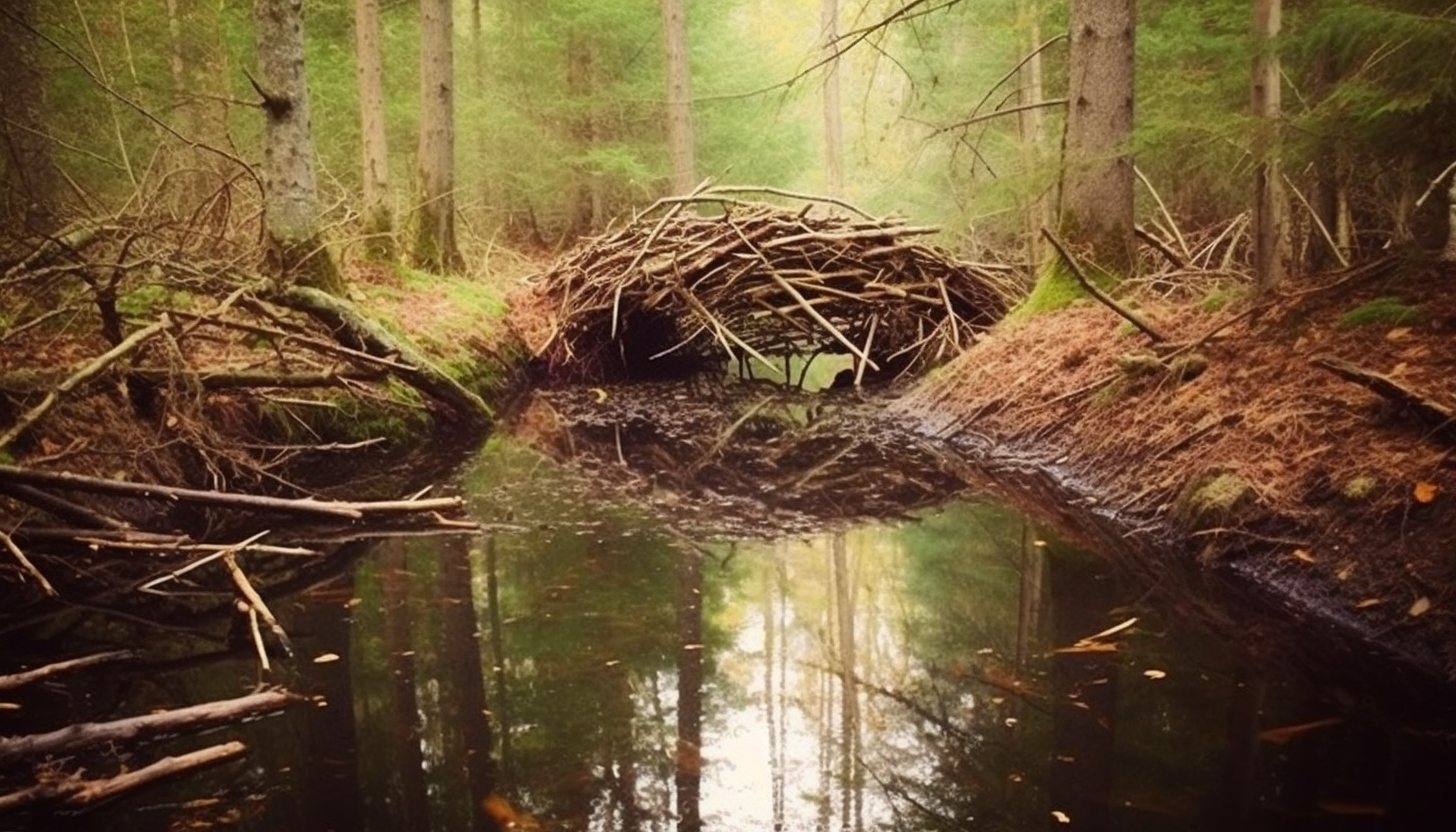An intricate beaver dam constructed in a serene woodland stream.