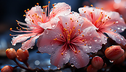 Macro shot of pollen-dusted stamen and petals of a blooming flower.