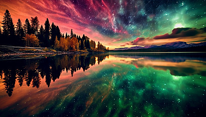 A mirrored lake reflecting the aurora borealis.