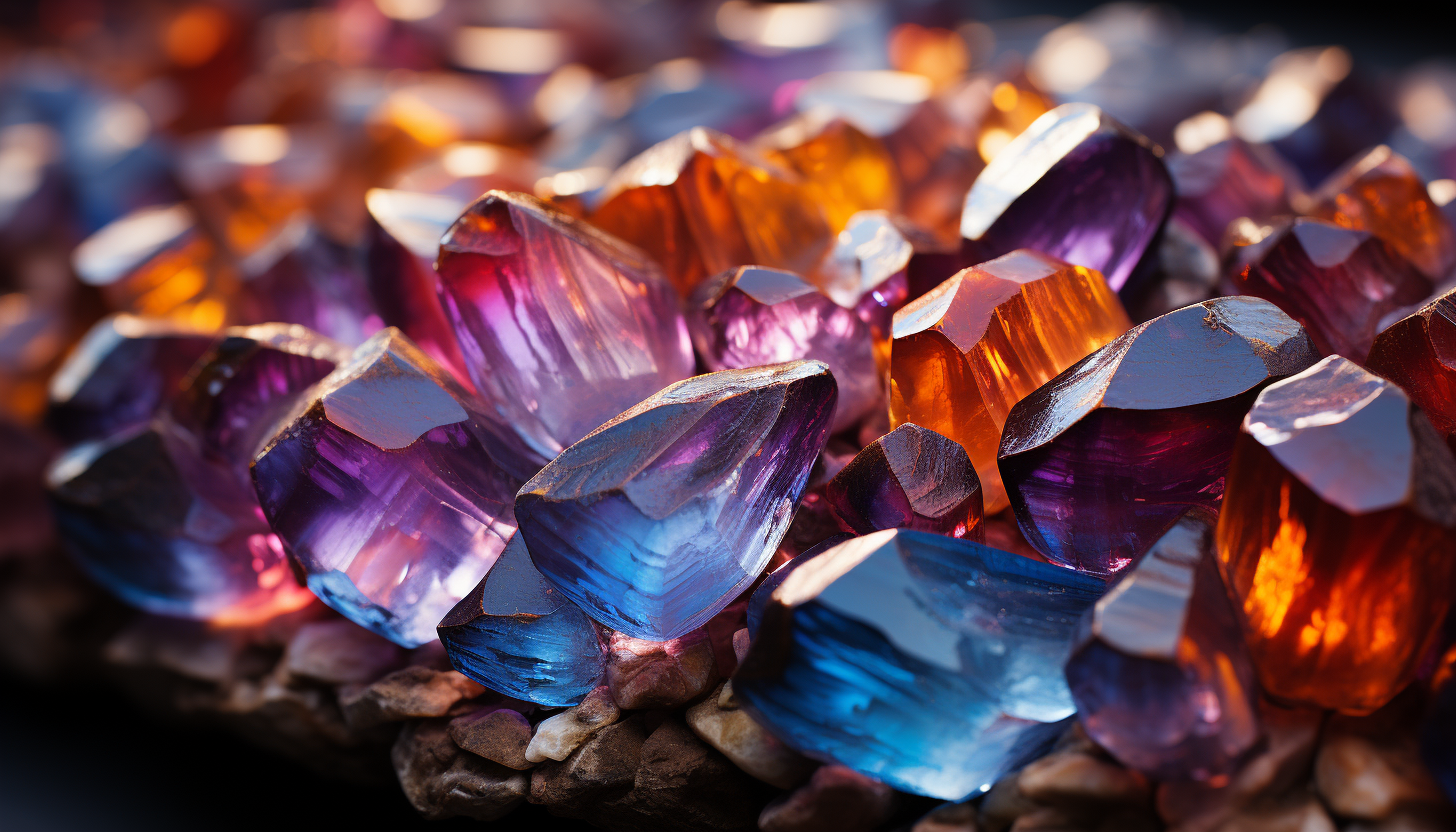 Macro shot of crystals in a geode, reflecting rainbow hues.