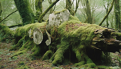 A fallen tree trunk overgrown with fungi and moss.