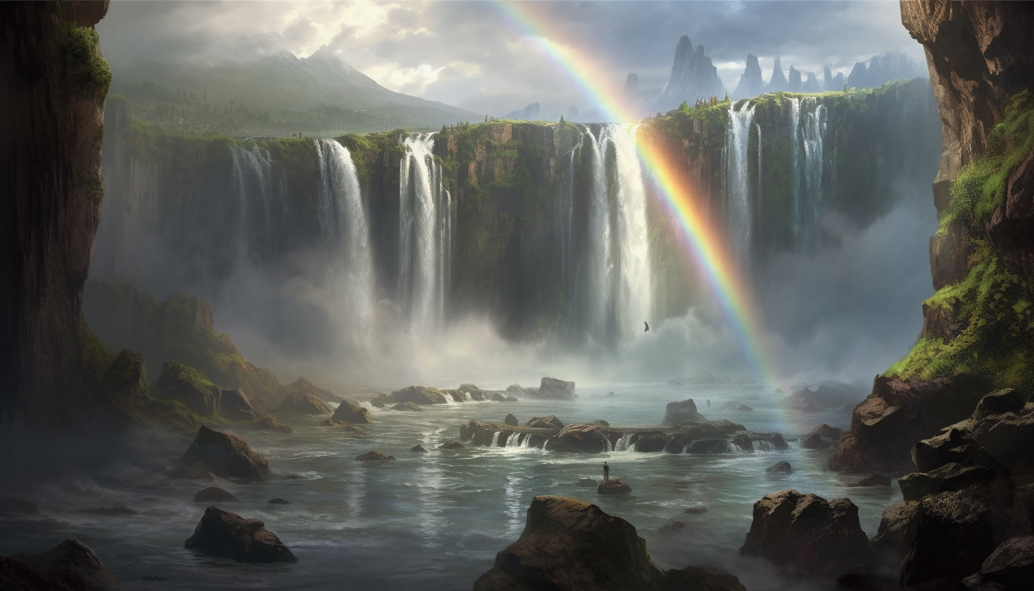 A rainbow arching over a cascading waterfall.