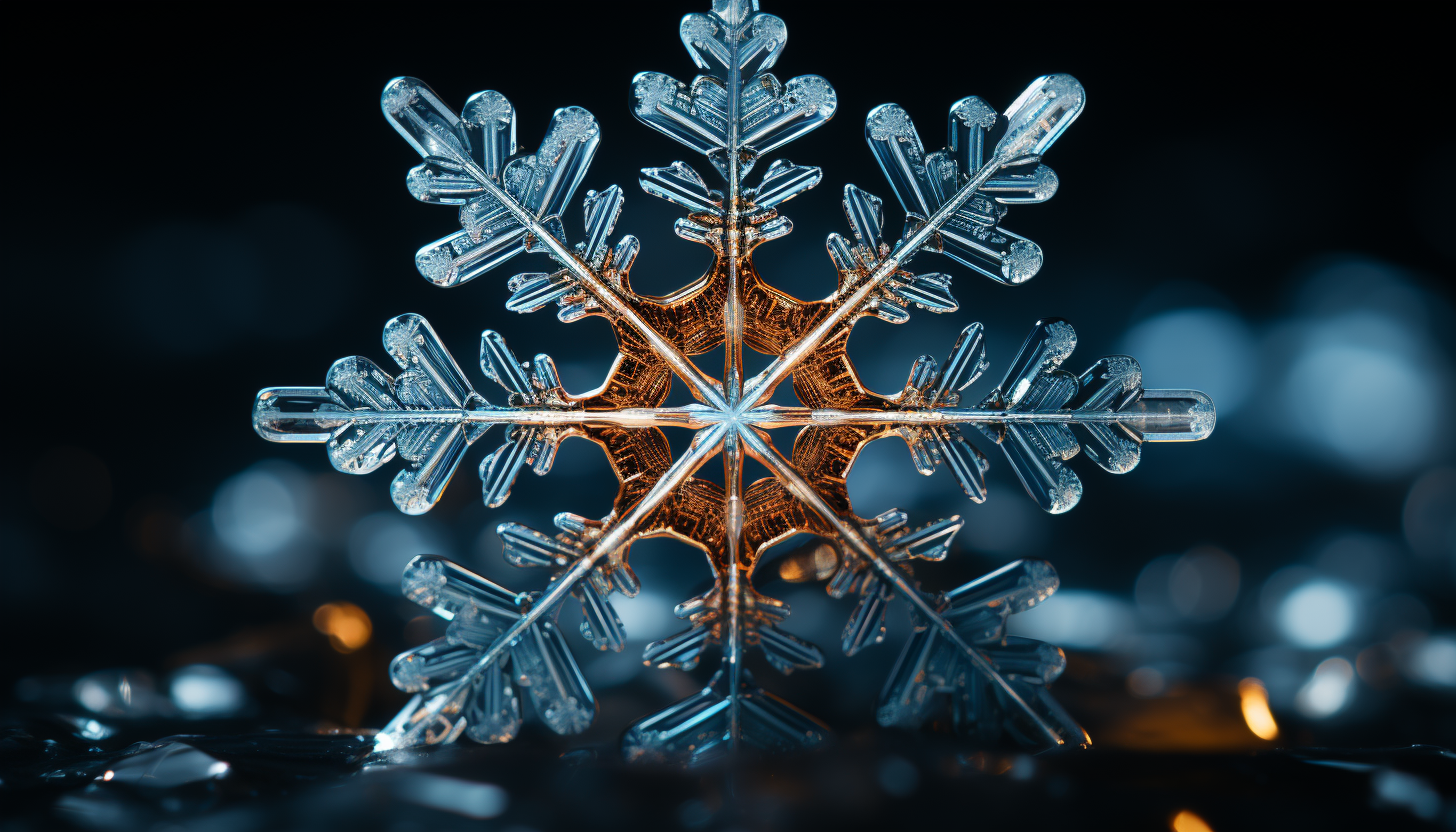 Microscopic view of crystalline structures in a snowflake.