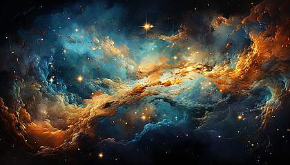 A swirling galaxy of blue and gold, viewed from afar.