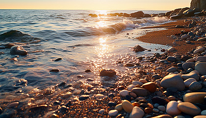 Gentle waves lapping against a pebbled beach.