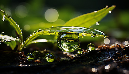 Extreme close-up of a dew drop on a leaf, reflecting the world upside down.