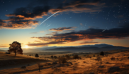 A comet streaking across a star-studded sky over an unlit landscape.
