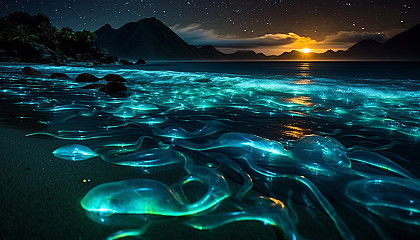 Dazzling bioluminescent plankton on a dark beach.