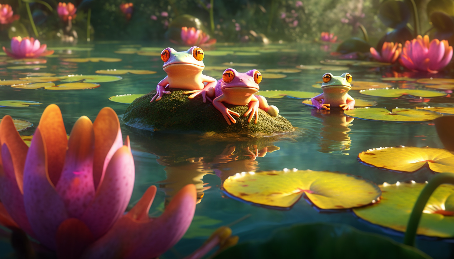 Frogs lounging on lily pads in a tranquil pond.