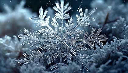 Snowflakes resting on a pine tree, transforming the landscape into a winter wonderland.