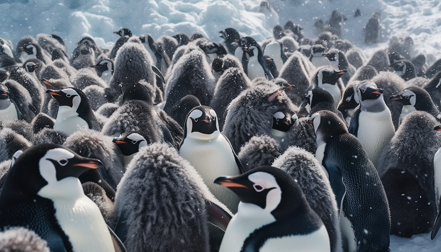 A colony of penguins huddling together against the Antarctic cold.