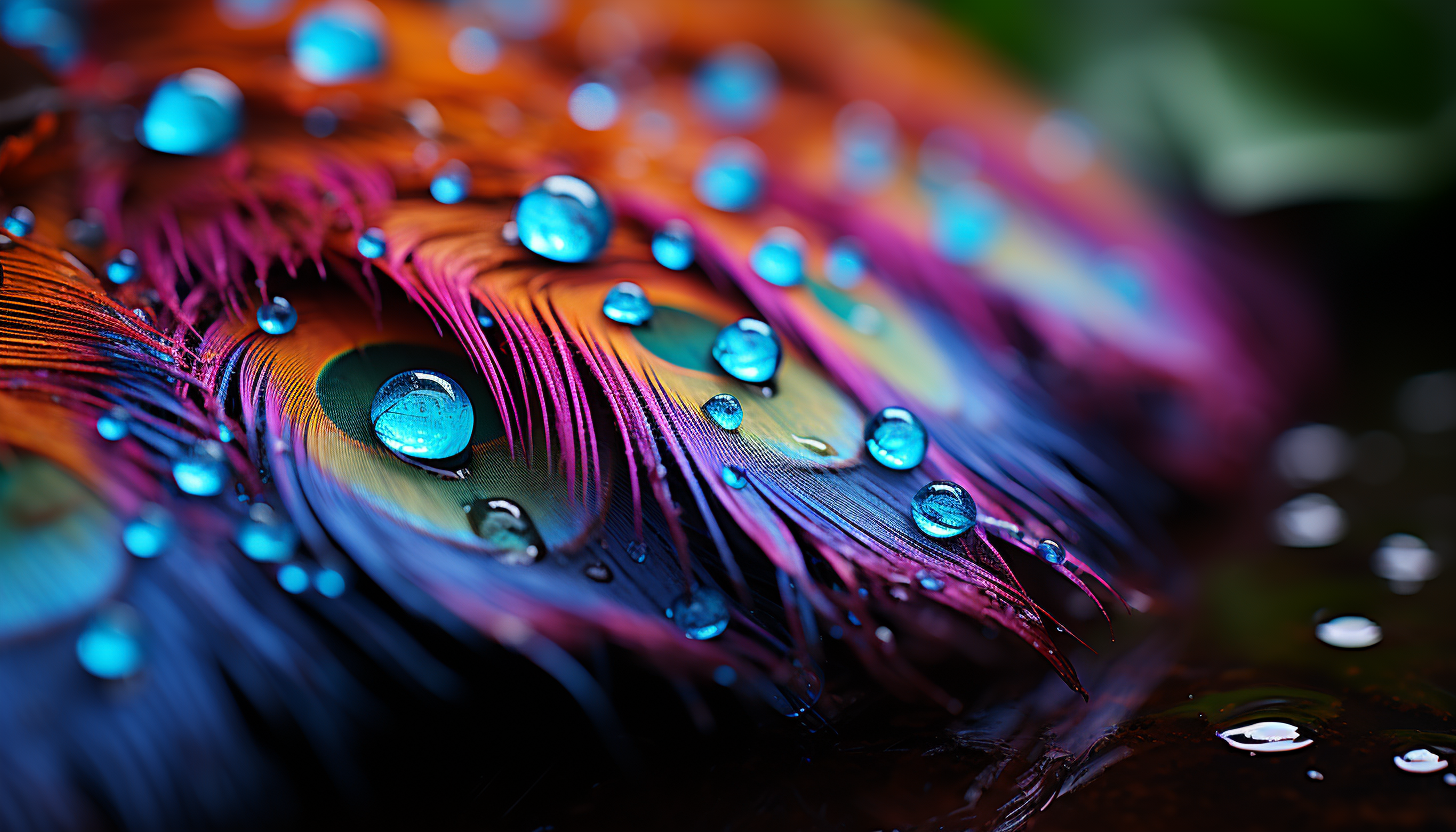 Macro shot of dew drops on a colorful peacock feather.