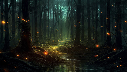 Fireflies illuminating a dark forest at dusk.