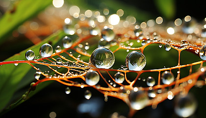 Close-up of dew-covered spiderwebs shimmering in the morning light.