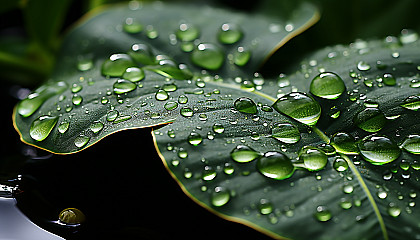 Dewdrops magnifying the intricate patterns on a leaf.