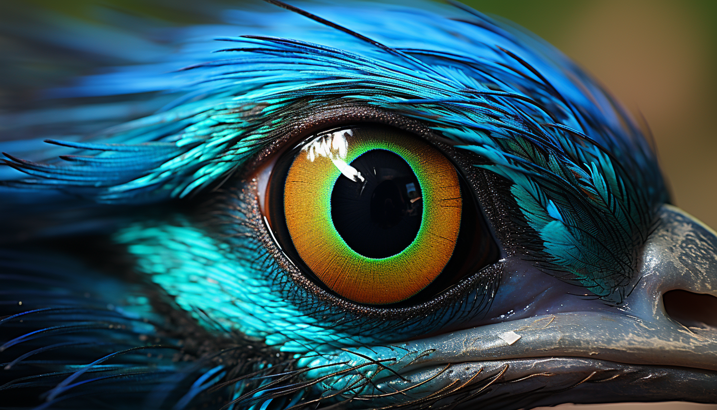 A vibrant peacock feather under macroscopic view.