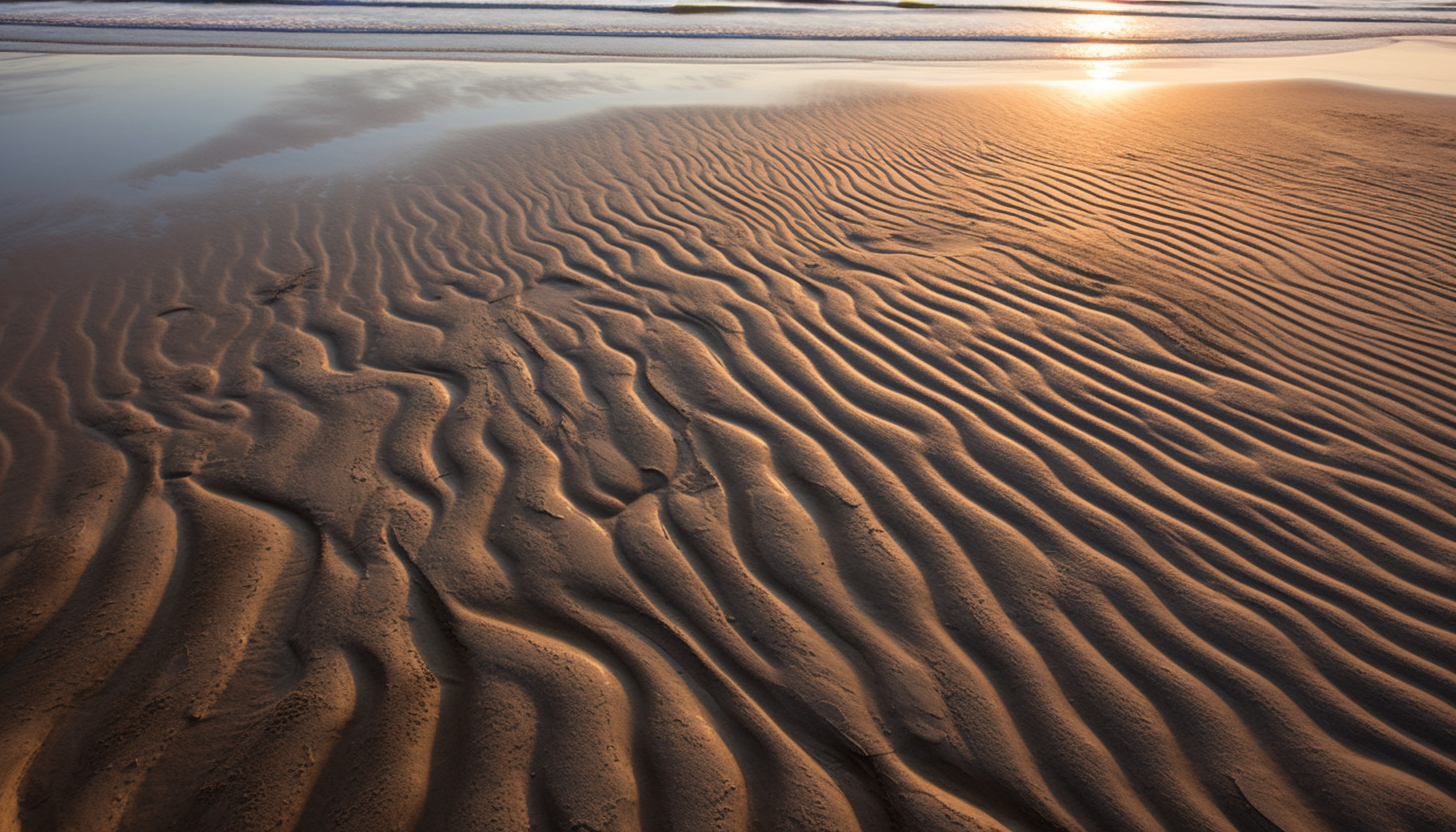 Sand patterns left by the receding tide on a beach.