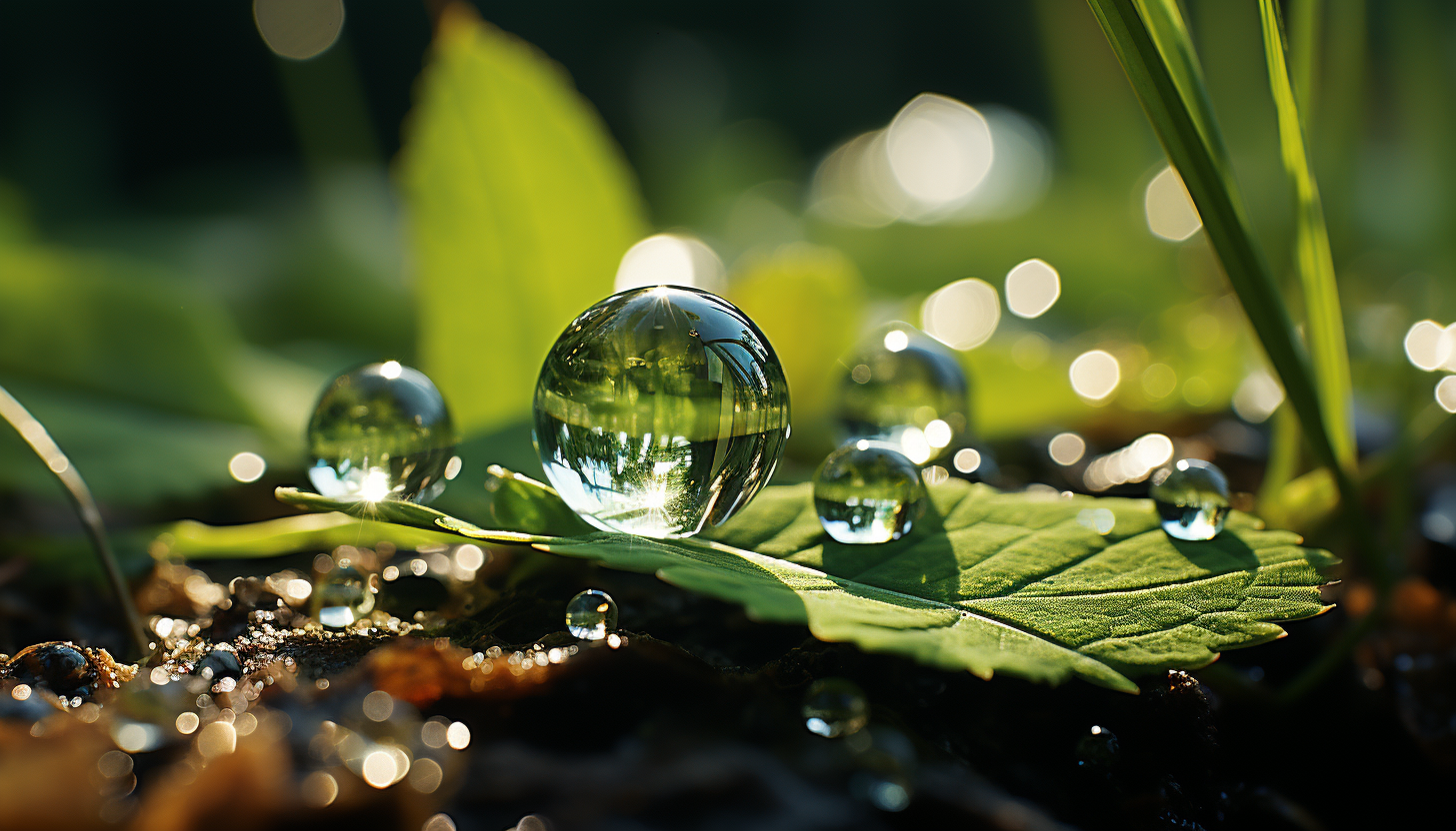 A close-up view of a dewdrop on a blade of grass, reflecting the morning sun.