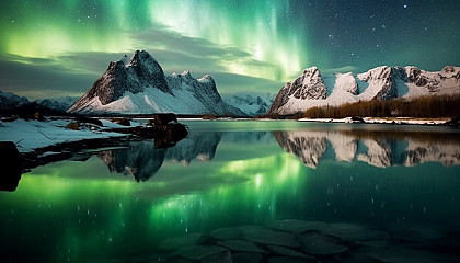 A mirrored lake reflecting the aurora borealis.