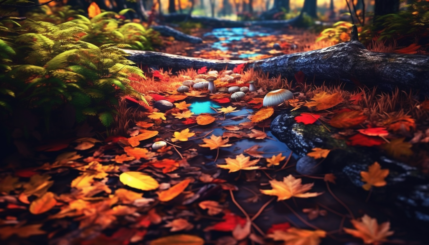 A forest floor carpeted with colorful fallen leaves in autumn.