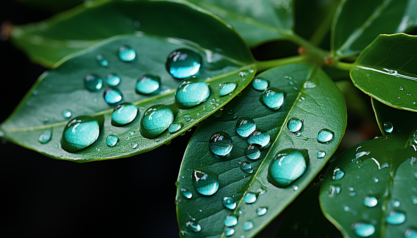 Close-up of water droplets glistening on a leaf.