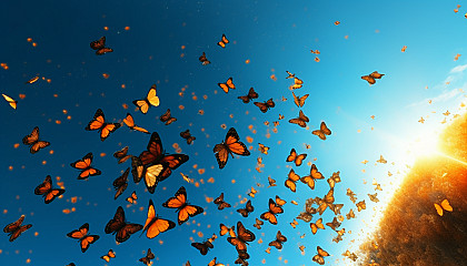 The migration of butterflies across a clear blue sky.