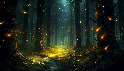 Fireflies illuminating a dark forest with their gentle glow.