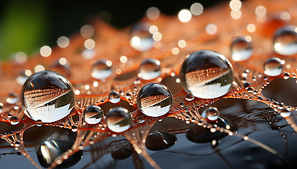 Close-up of dew drops on a spider's web, sparkling in the morning sun.