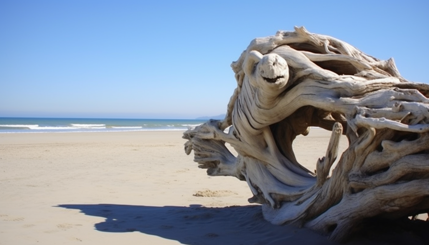 Driftwood sculptures naturally formed on a sandy beach.