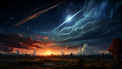 A comet streaking across a star-filled sky.