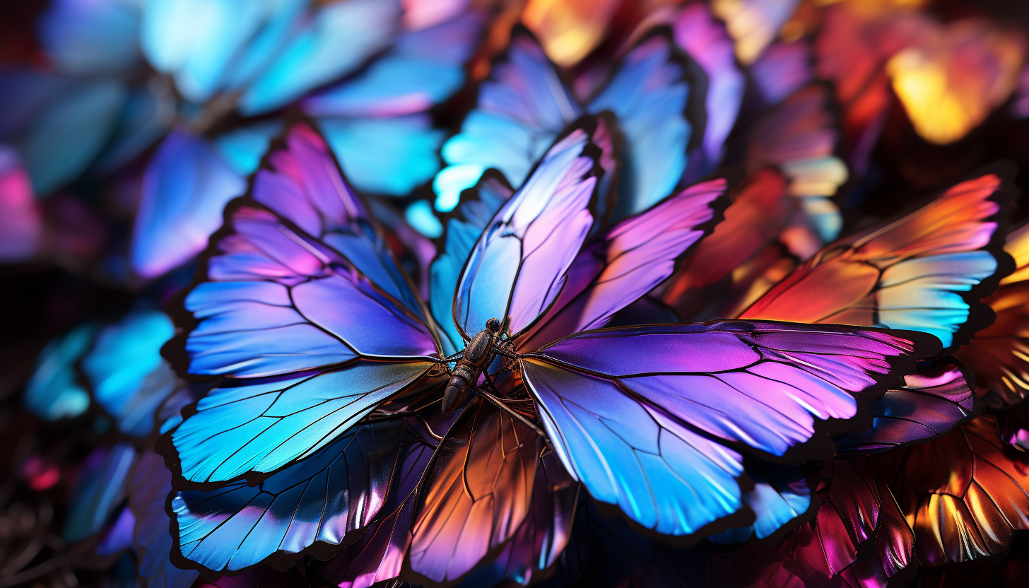 Close-up of iridescent butterfly wings, displaying a rainbow of colors.