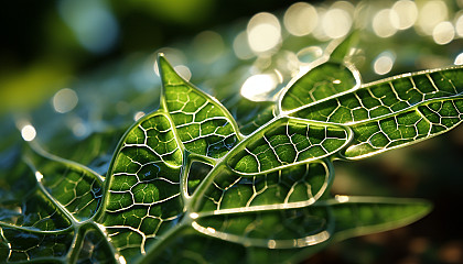 The intricate patterns on a leaf, highlighted by sunlight.