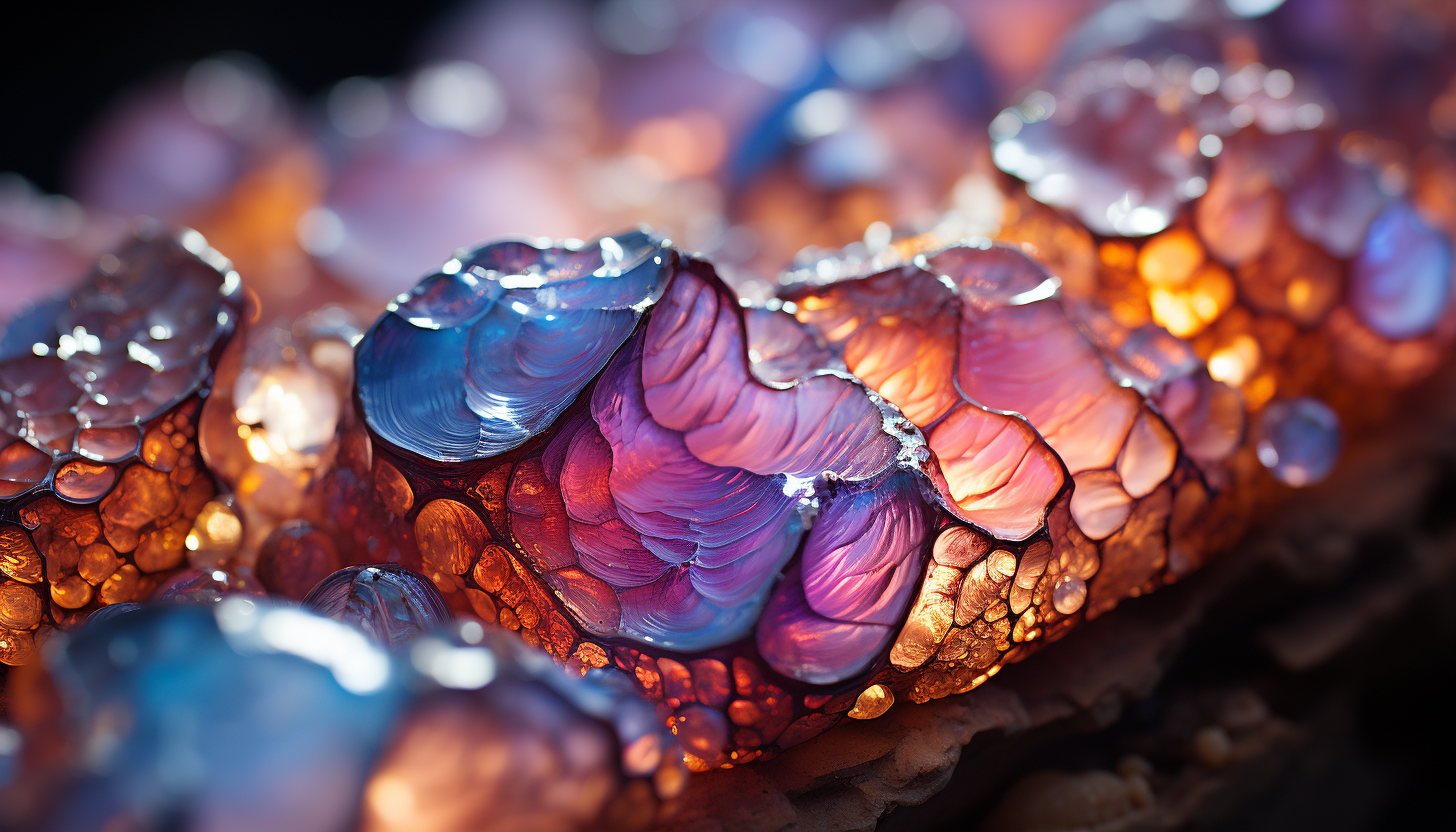 The iridescent interior of a geode, filled with crystals of different sizes and hues.