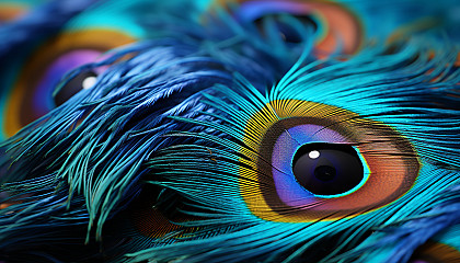 A close-up of a peacock feather, revealing its intricate patterns and colors.