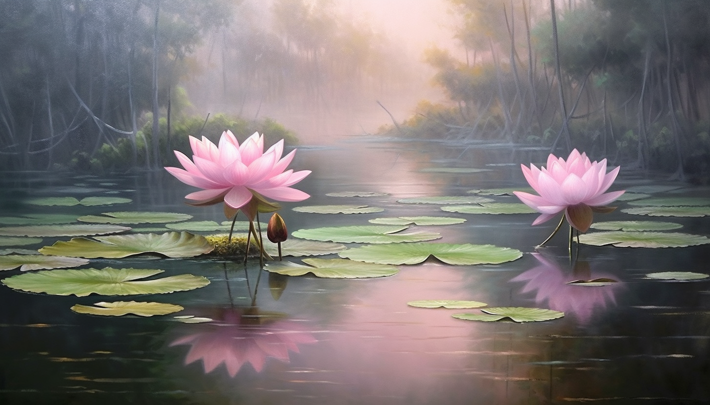 Dew-kissed lotus flowers in a tranquil pond.