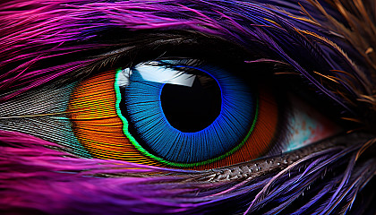 The vivid colors and patterns of a peacock feather, seen up close.