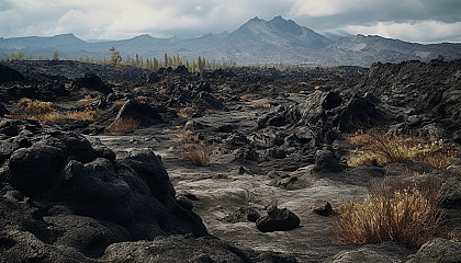 Volcanic landscapes featuring lava flows, ash clouds, and unique rock formations.