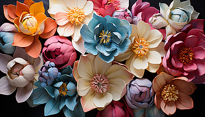 A field of tulips from a bird's eye view, forming a colorful patchwork quilt.