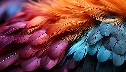 A detailed macro of a vividly colored feather, showing individual barbs.