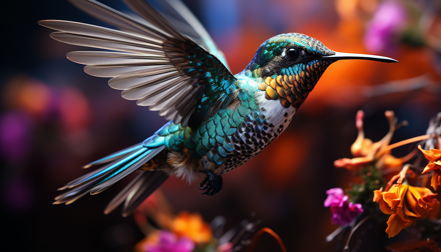 An up-close view of a hummingbird mid-flight, showcasing its colorful plumage.