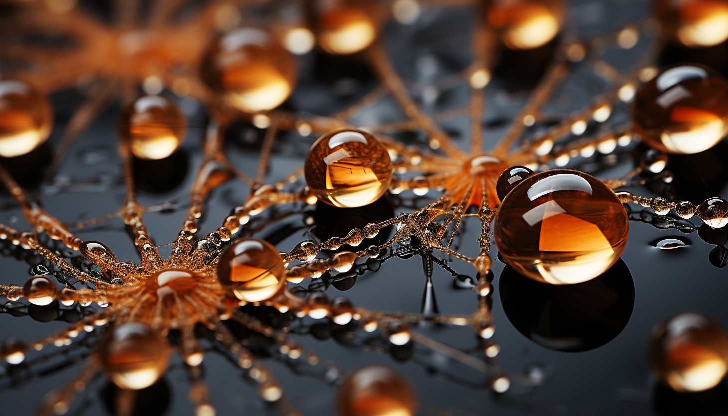 Close-up view of dew drops glistening on a spider's web.