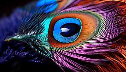 A vibrant peacock feather under macroscopic view.