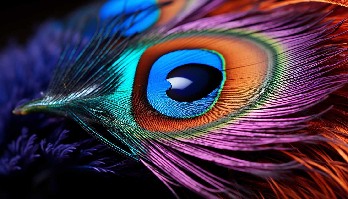 A vibrant peacock feather under macroscopic view.