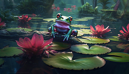 Frogs lounging on lily pads in a tranquil pond.