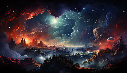 A distant galaxy full of swirling colors and sparkling stars.