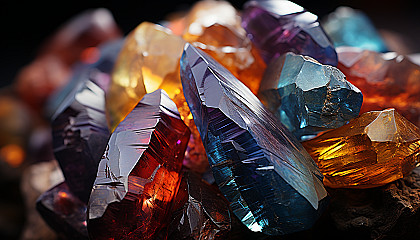 Macro view of colorful minerals or crystals, showing their complex structures and rich tones.