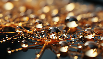 A macro shot of dewdrops glistening on a spider's web in the morning sunlight.