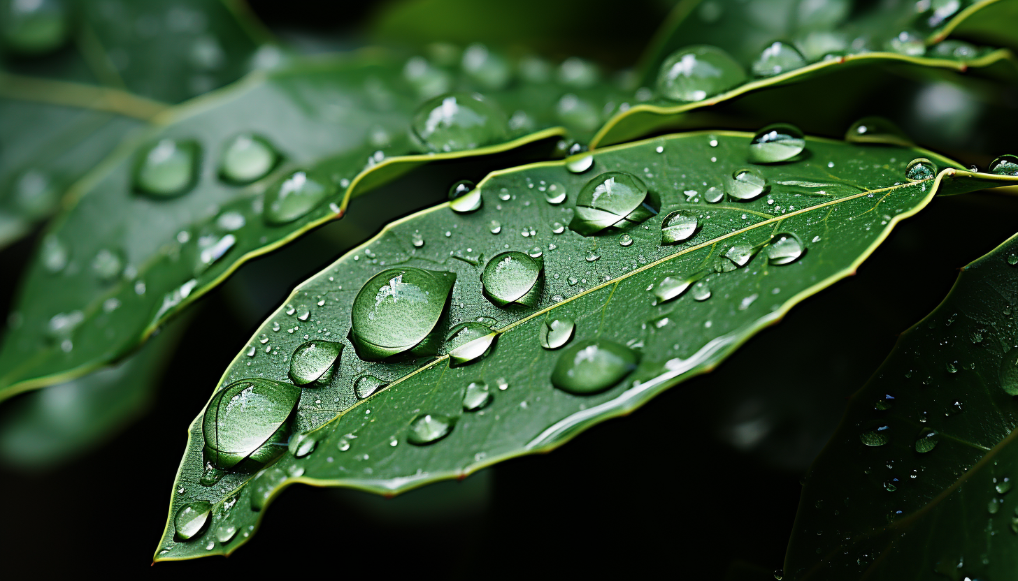 Close-up of water droplets glistening on a leaf.