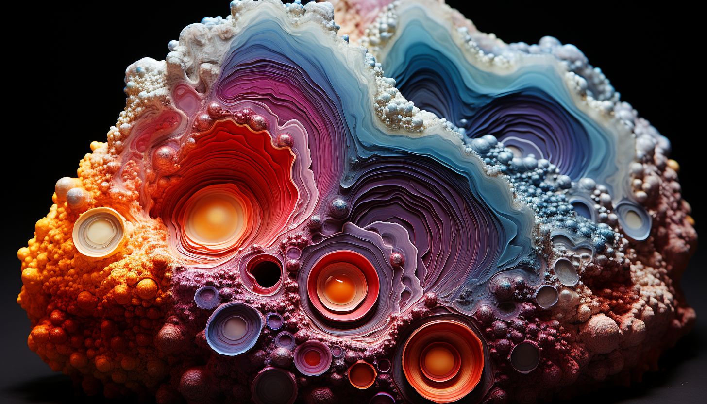 Colorful fractal patterns observed in a cut geode.