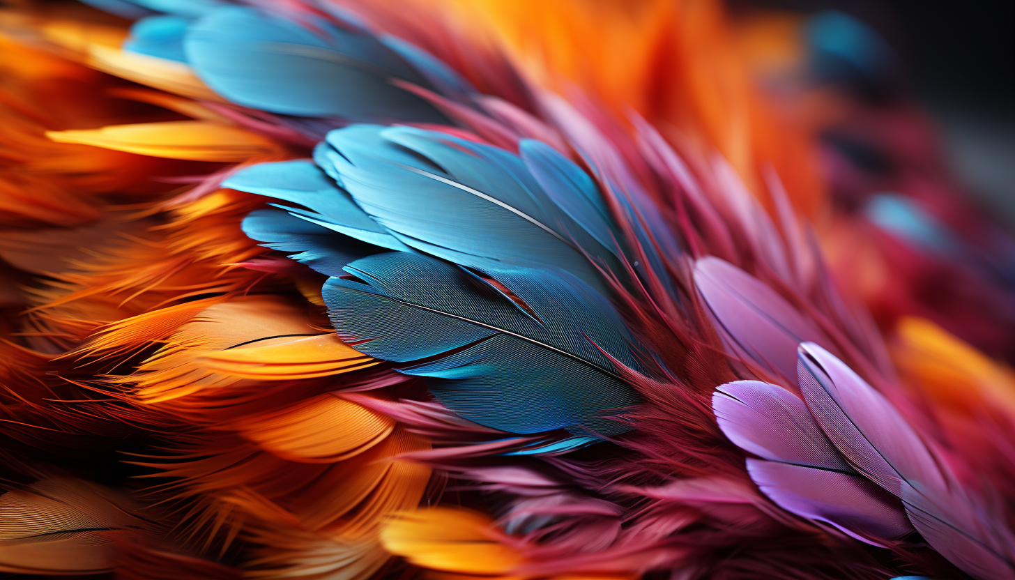 A detailed macro of a vividly colored feather, showing individual barbs.